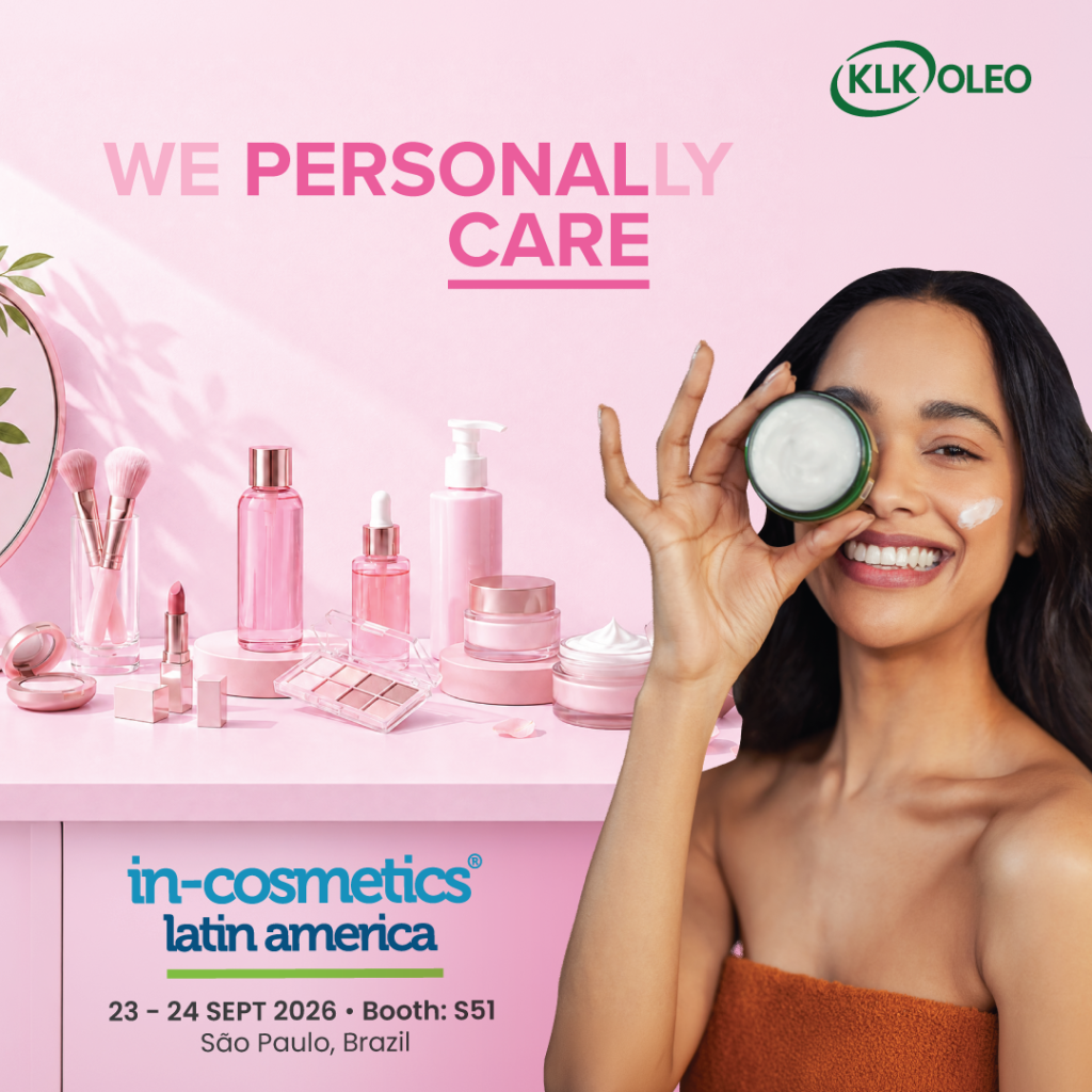KLK OLEO personal care showcase featuring skincare and cosmetic products, highlighting oleochemical solutions and tocotrienols for beauty and wellness applications.